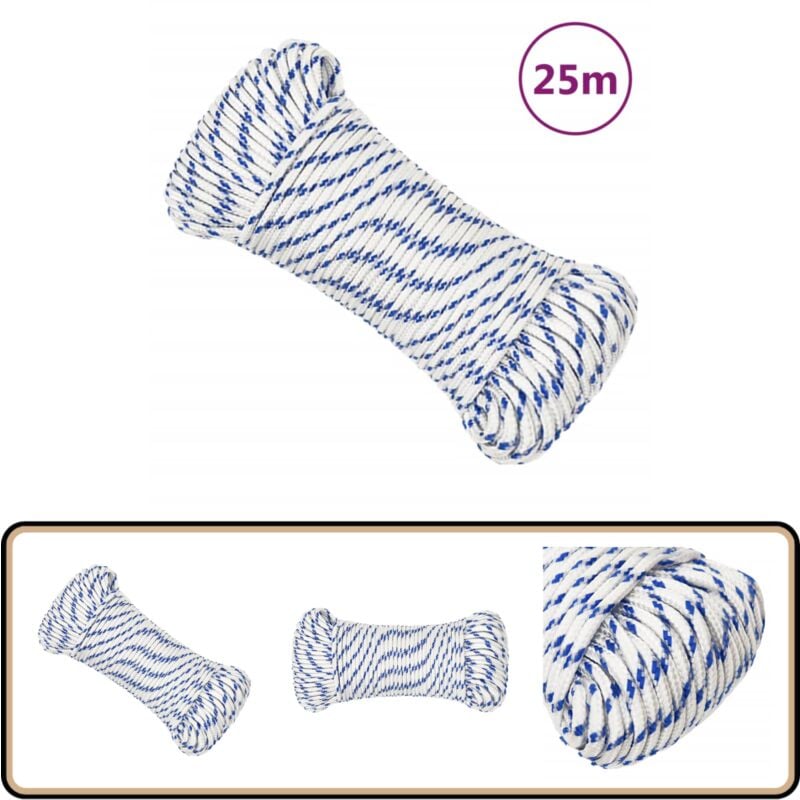 Corde de bateau Blanc 3 mm 25 m Polypropylène - Corde De Bateau - Corde Marine - Polypropylène - Corde Tressée - Amarrage