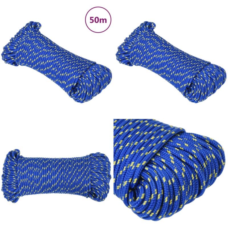 Corde de bateau Bleu 3 mm 50 m Polypropylène - Corde De Bateau - Corde Marine - Polypropylène - Corde Tressée - Amarrage - Home & Living