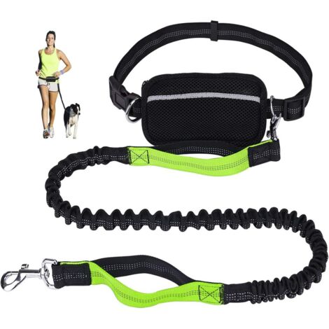 Corde de jogging pour courir, marcher avec coutures réfléchissantes et distributeur de sacs poubelle, laisse réglable pour grand chien, mains libres et absorption des chocs, vert fluo