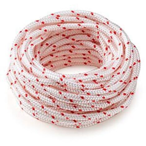 Corde de lanceur blanche à point rouge – 6,0 mm x 10 m – Cordon de démarrage pour moteur thermique, tondeuse, tronçonneuse, générateur et débroussailleuse.