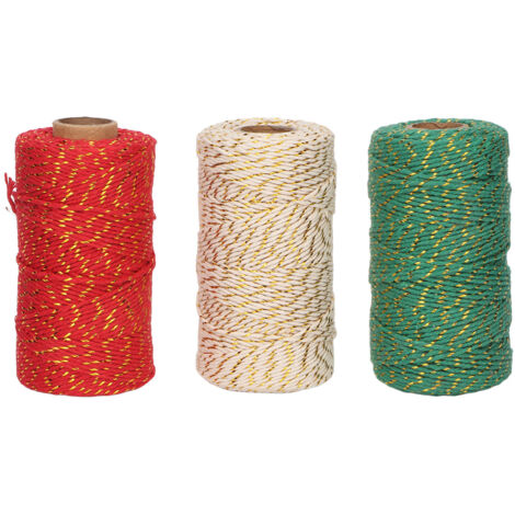 Corde de Noël 3 Rouleaux 2mm, 328 Pieds par Rouleau, Ficelle Cadeau Léger pour Emballage DIY
