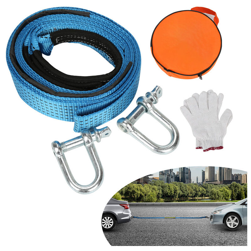 Jopassy - Corde de remorquage 5 cm x 5 m pour voiture - Sangle de remorquage d'urgence jusqu'à 8 tonnes - Avec 2 mousquetons et sac de rangement