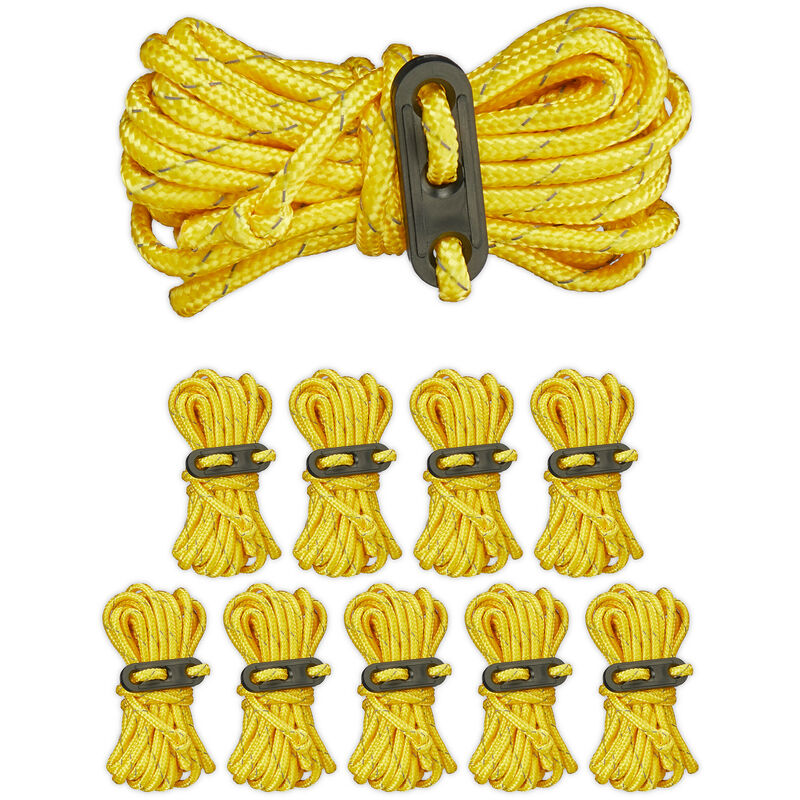 Corde de tente réfléchissante, lot de 10, camping, randonnées, 3,8 m de long, avec tendeurs, nylon, jaune - Relaxdays