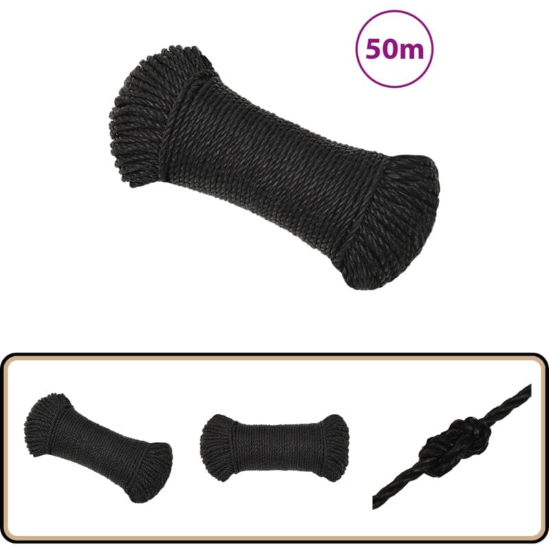 Corde de travail noir 3 mm 50 m polypropylène - Corde De Travail - Corde En Polypropylène - Corde Noire - Corde Résistante - Corde Marine