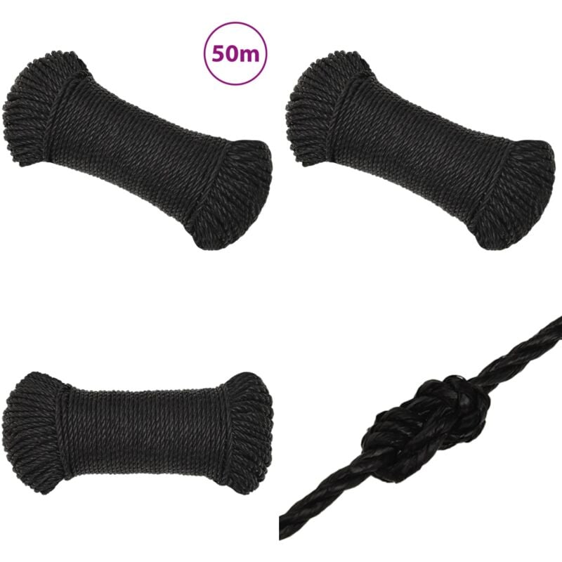 Corde de travail noir 3 mm 50 m polypropylène - Corde De Travail - Corde En Polypropylène - Corde Noire - Corde Résistante - Corde Marine - Home &