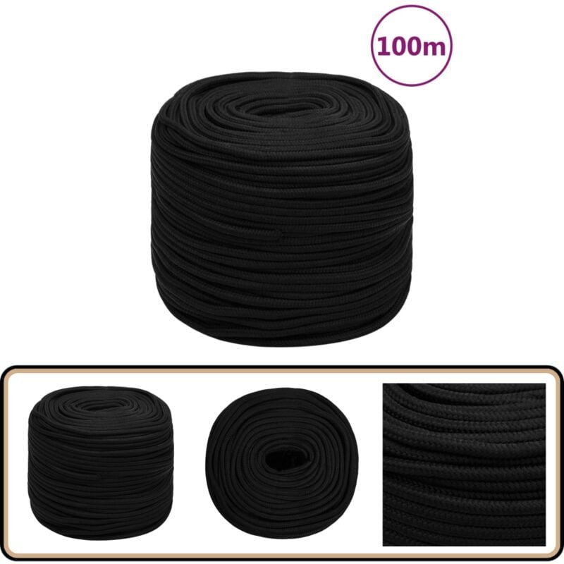 Corde de travail Noir 8 mm 100 m Polyester - Corde De Travail - Corde Tressée - Corde Polyesteer - Cordon Robuste - Outil Bricolage