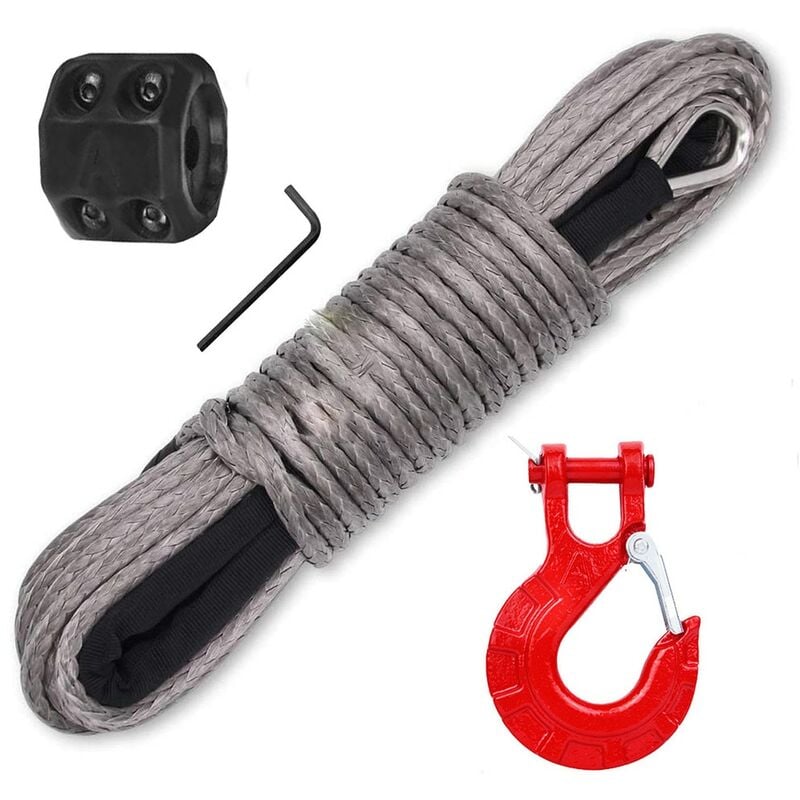 Corde de treuil de voiture avec crochet et butée, antirouille, imperméable, résistante aux uv, matériau PE/acier inoxydable, gris/rouge