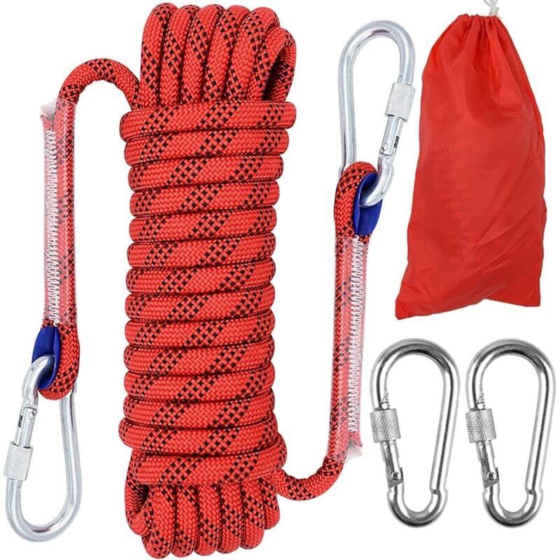 Corde d'escalade de 10 mm - Corde de sécurité extérieure - en Nylon - Corde de Sauvetage - avec 2 mousquetons