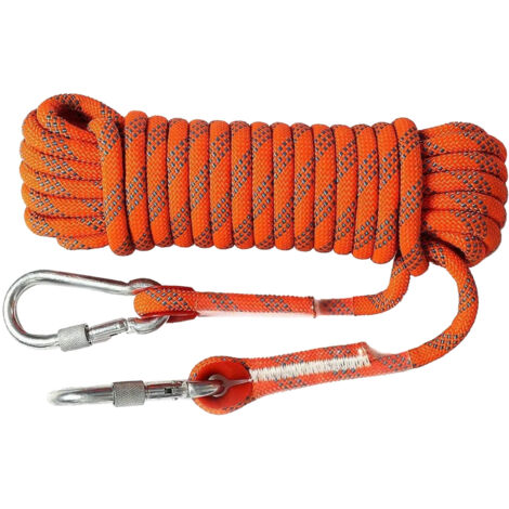 Corde d'escalade extérieure de 12 mm et 10 m (33 pi) pour la sécurité et l'évacuation en montagne, orange et bleue.
