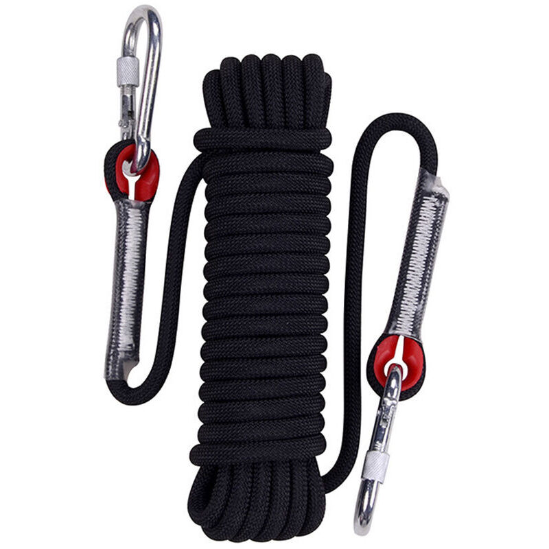 Corde d'Escalade Statique 30m Noir Corde de Parachute de Sauvetage Corde de Rappel avec Mousquetons 10mm de Diamètre