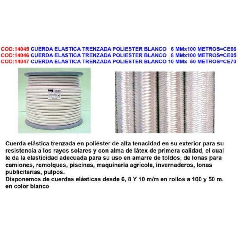 Corde élastique tressée en polyester blanc 6 mm x 100 mètres CE66