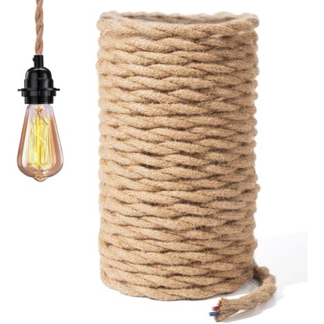 Corde Electrique 2 Noyaux - 5M Fil électrique Tissu Cable Electrique Corde 2x0.75mm² Rétro Corde de chanvre tressé torsadée Câble pour Accessoires de Lampe à Suspendre