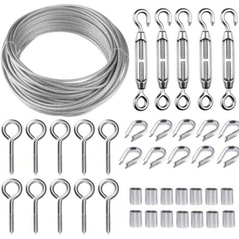 Corde en acier inoxydable 30M – Kit avec 5 tendeurs et 10 crochets – Câble de 2mm revêtu PVC – Résistant à l'abrasion et à la corrosion