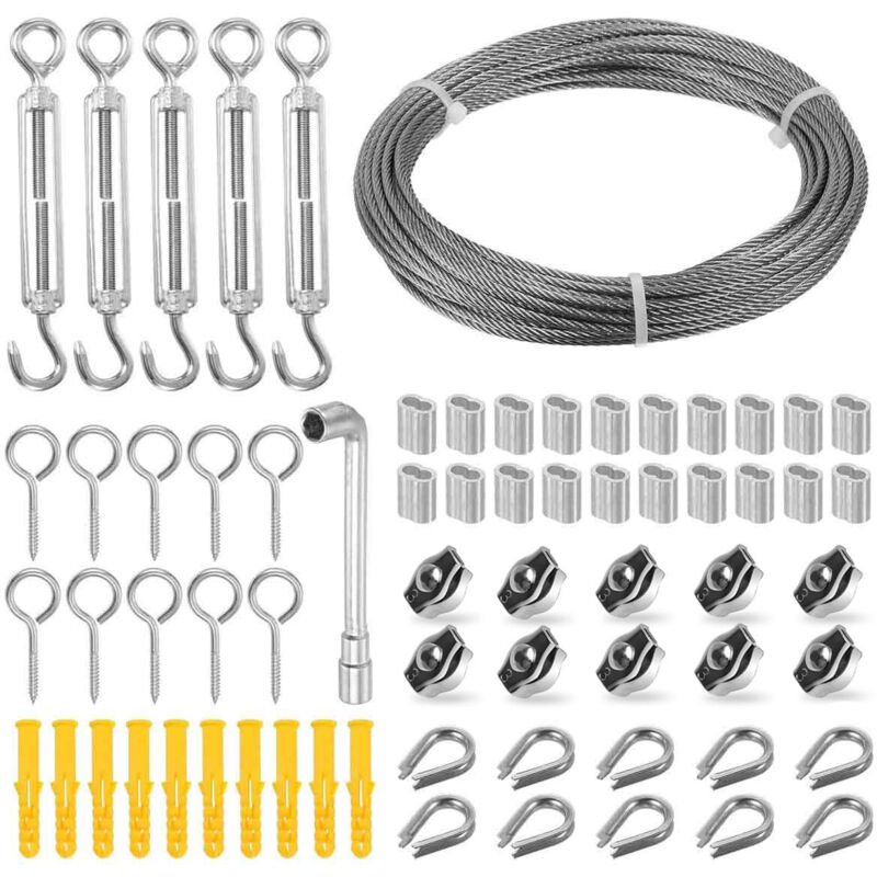 Corde en Acier Inoxydable à Suspendre Kit, 15M/3mm Cable Filin Acier Inoxydable 304 avec M5 Tendeur Cable Inox, pour Plantes Grimpante, Corde a