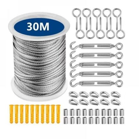 Corde en Acier Inoxydable à Suspendre Kit 30 Mètres Corde en Acier Inoxydable, Kit de Câble Métallique en Acier Inoxydable 304 avec Tendeur et Crochets