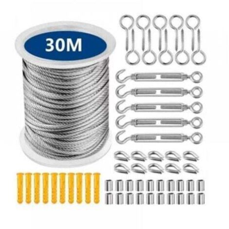 Corde en Acier Inoxydable à Suspendre Kit 30 Mètres Corde en Acier Inoxydable, Kit de Câble Métallique en Acier Inoxydable 304 avec Tendeur et Crochets
