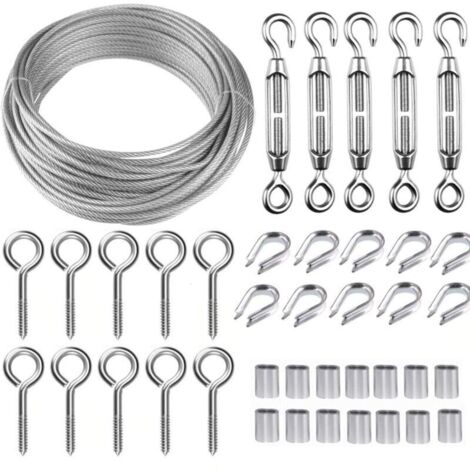 Corde en Acier Inoxydable à Suspendre Kit.30M/2mm Câble en Acier Inoxydable Revêtu avec M5 Tendeurs.Kit Cable Métallique 2mm pour Plantes Grimpante.Corde a linge.Rambarde.Cable de Garde Corps