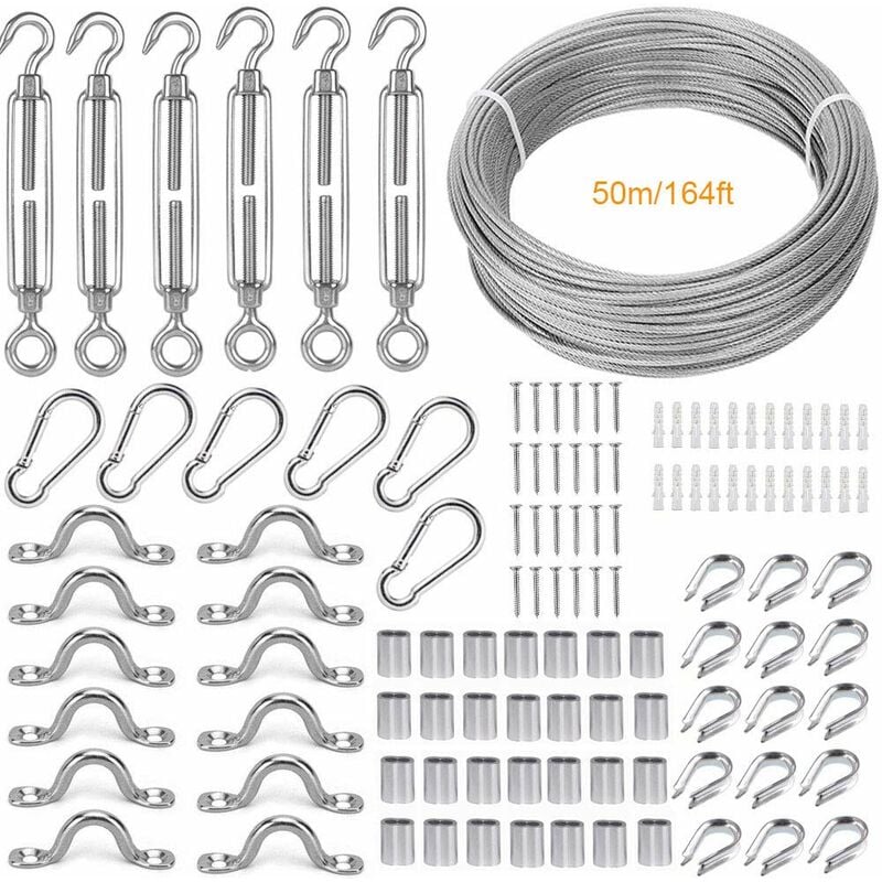 Corde en Acier Inoxydable à Suspendre Kit,50M/2mm Cable en Acier Inoxydable Revêtu,avec M5 Tendeur Câble et Crochet,Accessoires de Cable Inox Pour