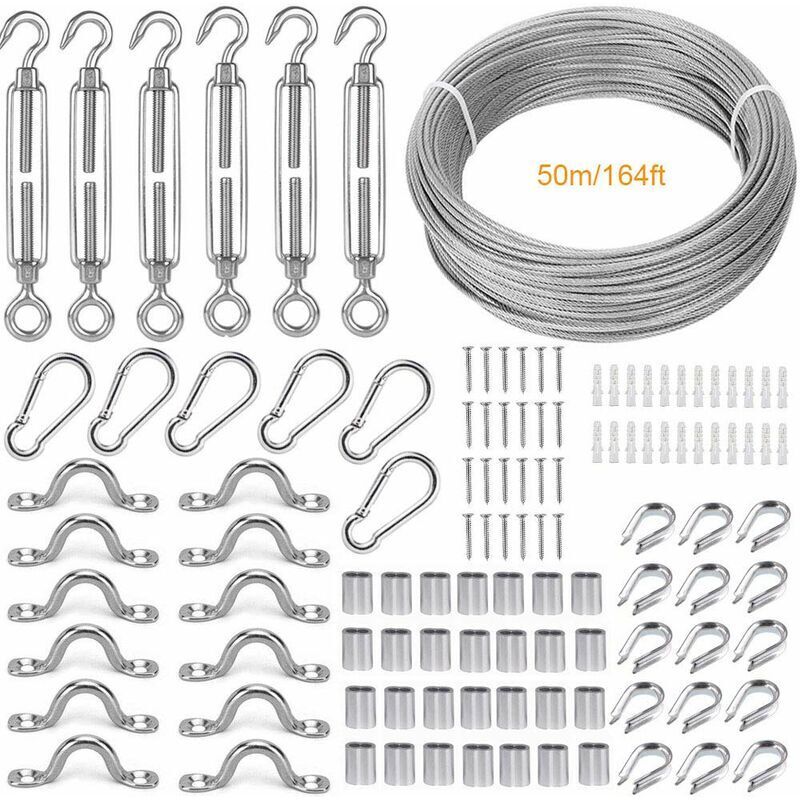 Corde en Acier Inoxydable à Suspendre Kit,50M/2mm Cable en Acier Inoxydable Revêtu,avec M5 Tendeur Câble et Crochet,Accessoires de Cable Inox Pour
