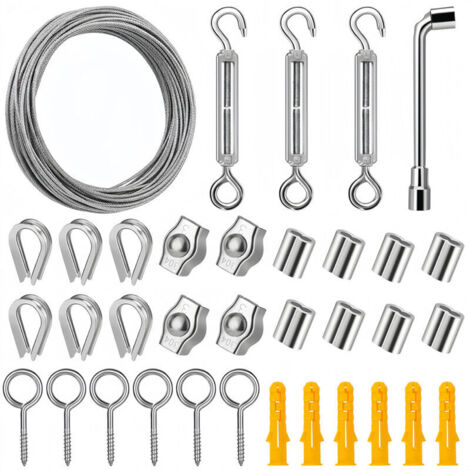 Corde en acier inoxydable de 40 m de diamètre 3 mm avec tendeur et crochet, parfaite pour suspendre des lampes,