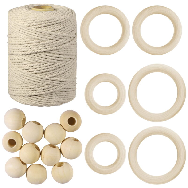 Corde en coton 3 mm 100 mètres Cordon en macramé naturel Fil de coton avec 12 perles en bois 6 anneaux en bois pour l'artisanat diy Suspensions de