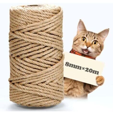 Corde en sisal pour Arbre à Chat, 8 mm x 20 m, Corde en sisal Naturel, Corde de Chanvre, Corde à griffer, Corde en Jute pour la Maison, Le Jardin, Le Bricolage
