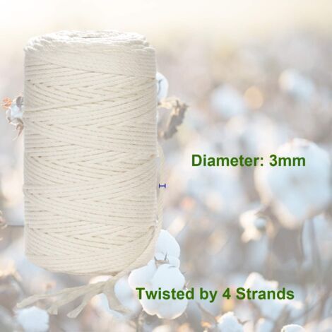 Corde tressée de 3 mm x 220 m (environ 200 m), douce, non teinte, corde 100 % coton naturel, adaptée à la fabrication artisanale de paniers à plantes muraux, beige.