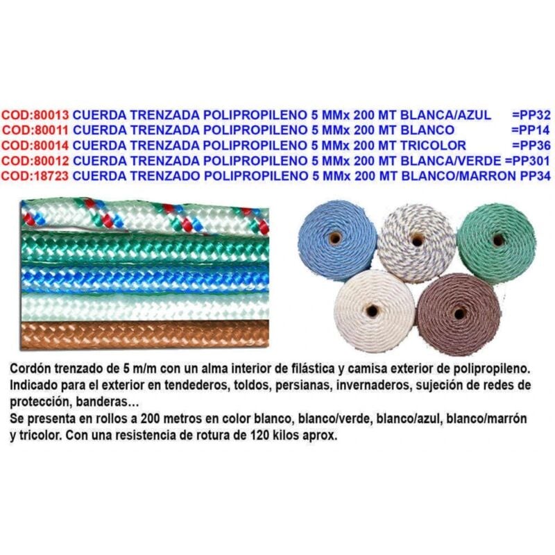 Fplus - Corde tressée en polypropylène 5 mm x 200 m blanc/bleu