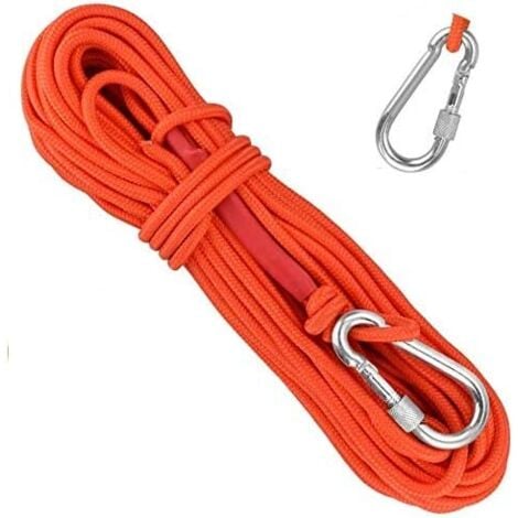 ODIPIE Corde tressée en polypropylène Cordes d'escalade 20M avec mousqueton Protection UV Anti-moisissure Anti-corrosion Multifonctionnel pour Pêche Alpinisme Camping Sauvetage Randonnée - Orange