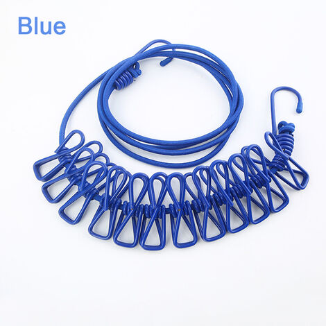Cordes à linge de 1.8M avec 12 pinces, support de séchage multifonctions, cintres pour linge, piquets en acier, fournitures de voyage portables,Blue