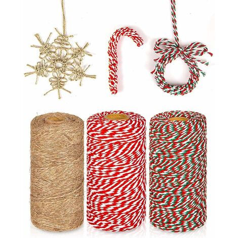 Cordes De Jute Et Ficelle De Coton Rouleaux, 984 Pieds Rouge Blanc Vert Ficelle De Coton Ficelle De Jute Corde De Corde d'emballage pour Noël Bricolage Artisanat Cadeaux（3 Pièces）Lefou