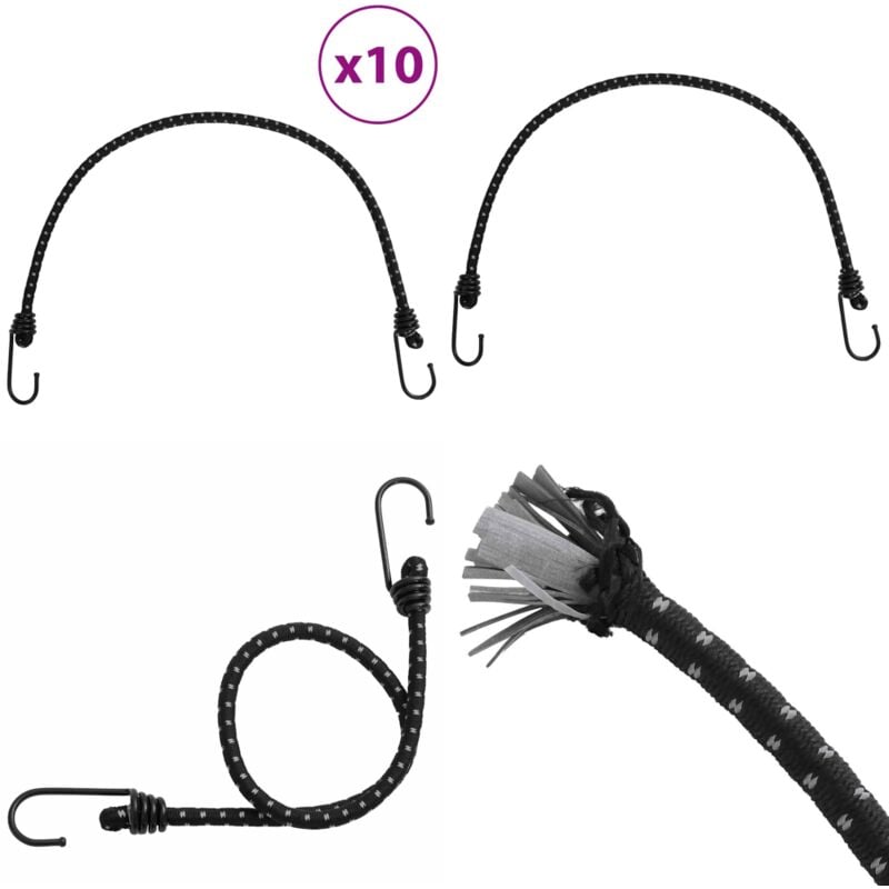 Cordes élastiques avec bandes réfléchissantes et crochets 10pcs - Cords Elastiques - Cordage Elastique - Accessoires Camping - Fixation Tente
