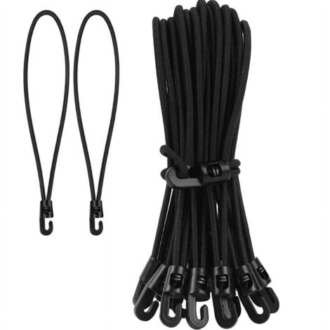 Cordes élastiques avec crochets, 20 pièces par paquet, 25 cm de long, tendeur multifonctionnel, convient pour les tentes, les filets de pêche, le camping, noir.