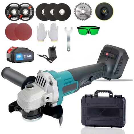 MAWIRON Cordless angle grinder, compatible with Makita, brushless, 18V cutting and grinding disc, 125mm grinding, with 2x 5.5Ah battery, for removing paint and grouting, for grinding and cutting