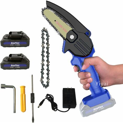 Cordless Chainsaw with Battery and Charger, 550W Electric Chainsaw with Safety Lock Mini Chain Saw Trees Cutter Cordless Wood Cutting Tool (with 2-Battery and Extra Chain)