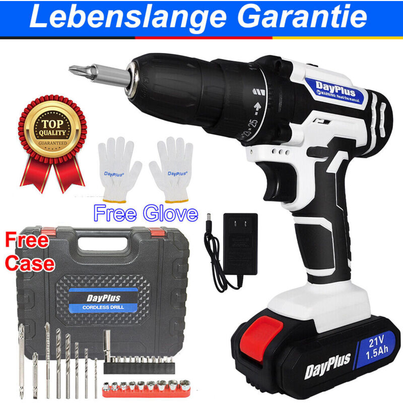 Image of CORDLESS COMBI DRILL KIT 21V ELEKTRISCHE 2X BATTERIE Power Schraubendreher Bit Set Werkzeuge