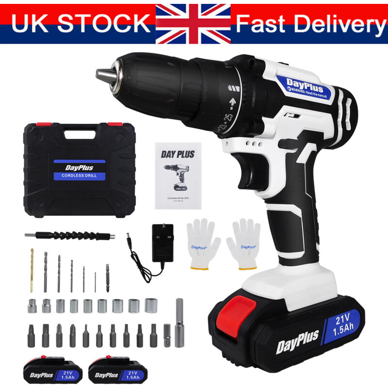 Dayplus - Cordless Drill and Electric Driver w/2pc 1500mAh Rechargeable Battery and Charger Kit, 25+1 Torque and 3/8'' Chuck Electric Wall Drill