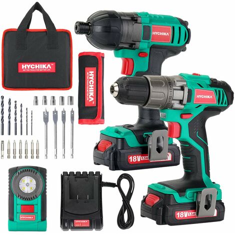Cordless Drill Driver 18V 35Nm and Impact Driver 160Nm, HYCHIKA Combi Drills, 2X1.5Ah Batteries, with 22PCS Accessories, LED Light, Belt Clip, 1H Fast Charging, Bag for Drilling and Screw Driving