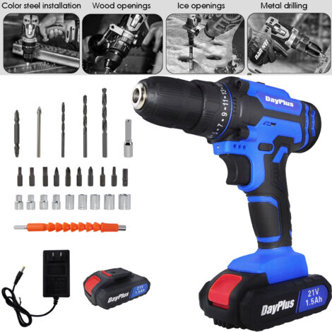 Cordless Drill Driver Electric Screwdriver 3/8" Chuck Dual Speed Power Drills 2X Battery