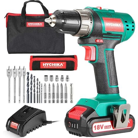 Cordless Drill Driver, HYCHIKA 18V Electric Drill, 35N·m with 2000mAh Li-Ion Battery, 21+1 Torque Setting, 10mm Chuck, 2 Variable Speed, 22PCS Accessories and Carrying Case