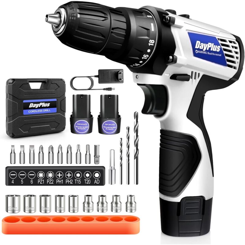 Briefness - Cordless Drill Electric Screwdriver Handheld Drill 2-Speed Rechargeable 2x Battery