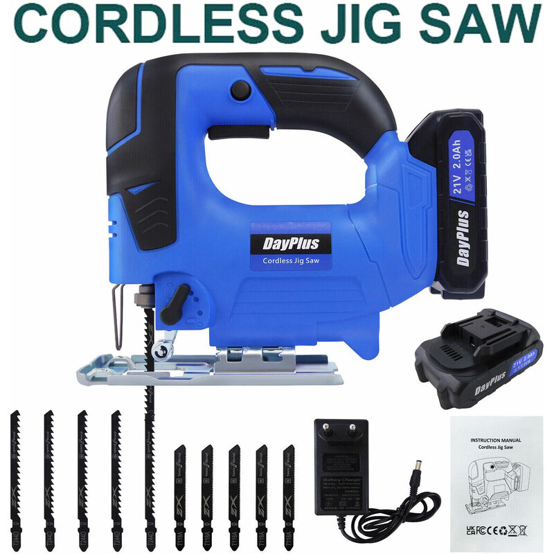 Cordless Electric Jigsaw with Battery and Charger, 4-Position Orbital Action, Cutting Capacity 135mm Wood, 10mm Metal, max 45�� Cutting Angle, Quick