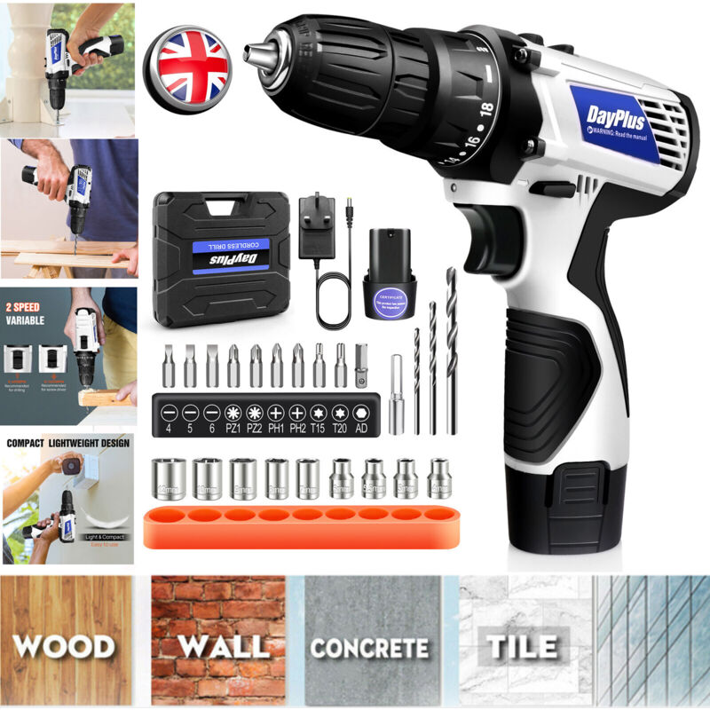 Dayplus - Cordless Electric Screwdriver Drill Driver Bits Set Rechargeable Battery Tools