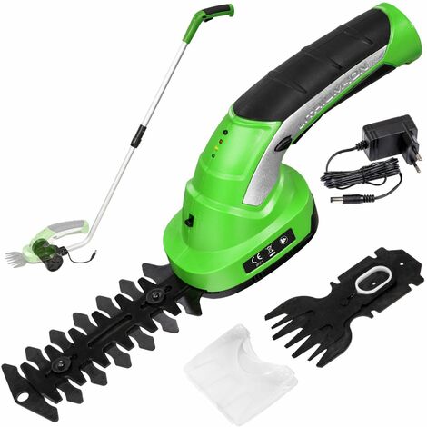 Cordless hedge trimmer with 2 attachments and telescopic pole incl. battery - grass trimmer, long reach hedge trimmer, electric hedge trimmer - green