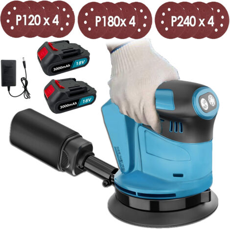 Cordless Orbital and random orbital sanders, 3 Speeds Handled Sander 18V Li-ion 5" Dust Bag 12pcs Discs Machine(120mm/180mm/240mm),2x 5.5 A Battery+Charger, Compatible with Makita battery