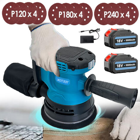 Cordless Random Orbital Sander, 125mm,3 Speeds Quick Fix Pad Dust Box & 12Pcs Discs +2X 3.0Ah batteries +charger, for wood, polishing, sanding,Compatible with Makita 18V battery