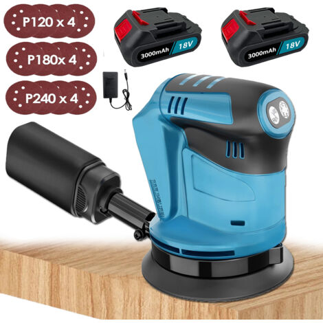 Cordless Random Orbital Sander 18V Li-ion 5" 3 Adjustable Speeds Dust Bag 12PCS Discs(120mm/180mm/240mm) Machine+2x 3.0 A Battery+Charger, Compatible with Makita battery