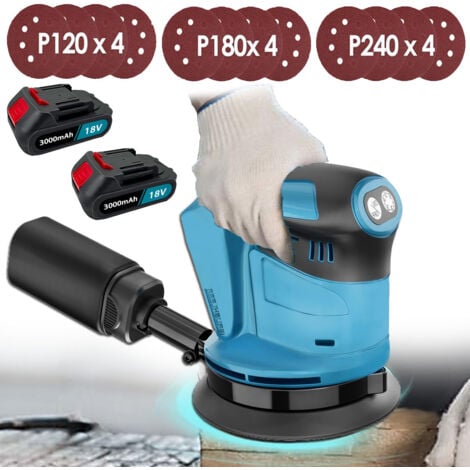Cordless Random orbital sander Grinding Polishing Tool 3 Adjustable Speeds,125mm with Dust Bag,12PCS Discs(120mm/180mm/240mm) ,2x 5.5 A Battery+Charger, Compatible with Makita battery