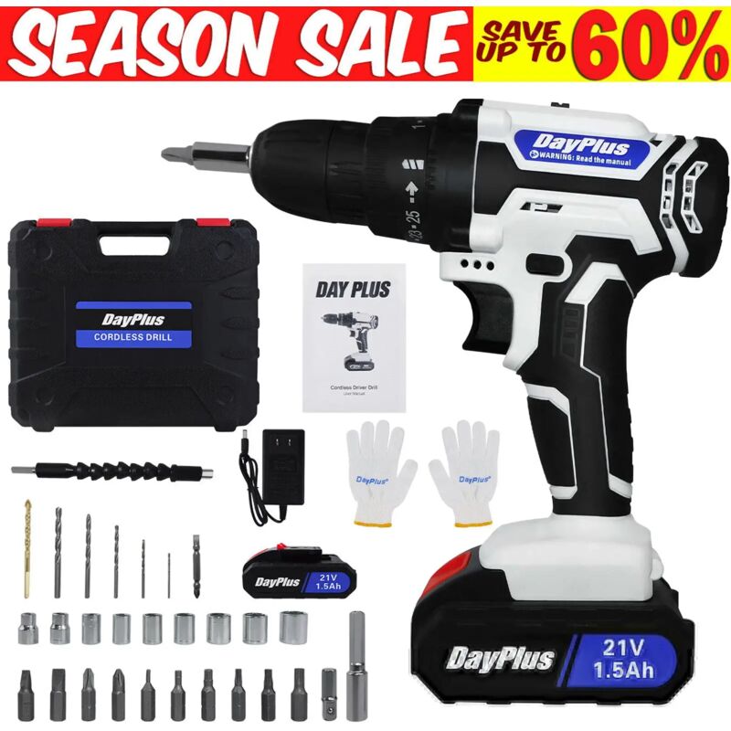 Cordless Screwdriver Drill Kit Electric 2X Rechargeable Battery + Fast Charger+Case
