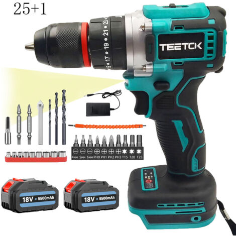 Cordless screwdrivers,Brushless,18V Cordless Combi Hammer Drill Driver 25+1 with Drill Bit Sets +2 Pcs 5.5Ah Battery+Charger ,Compatible with Makita Battery